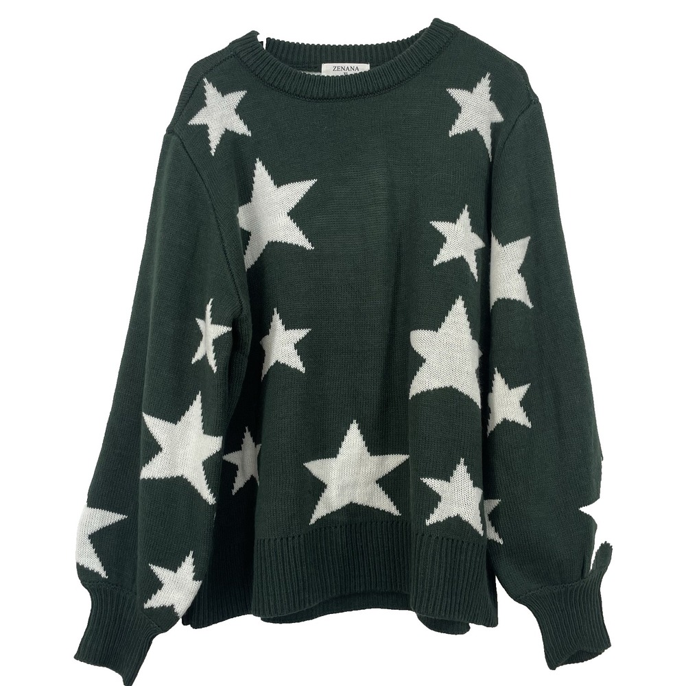 ZENANA Size XL Large Star Printed Crewneck Sweater Pullover Green Balloon Sleeve